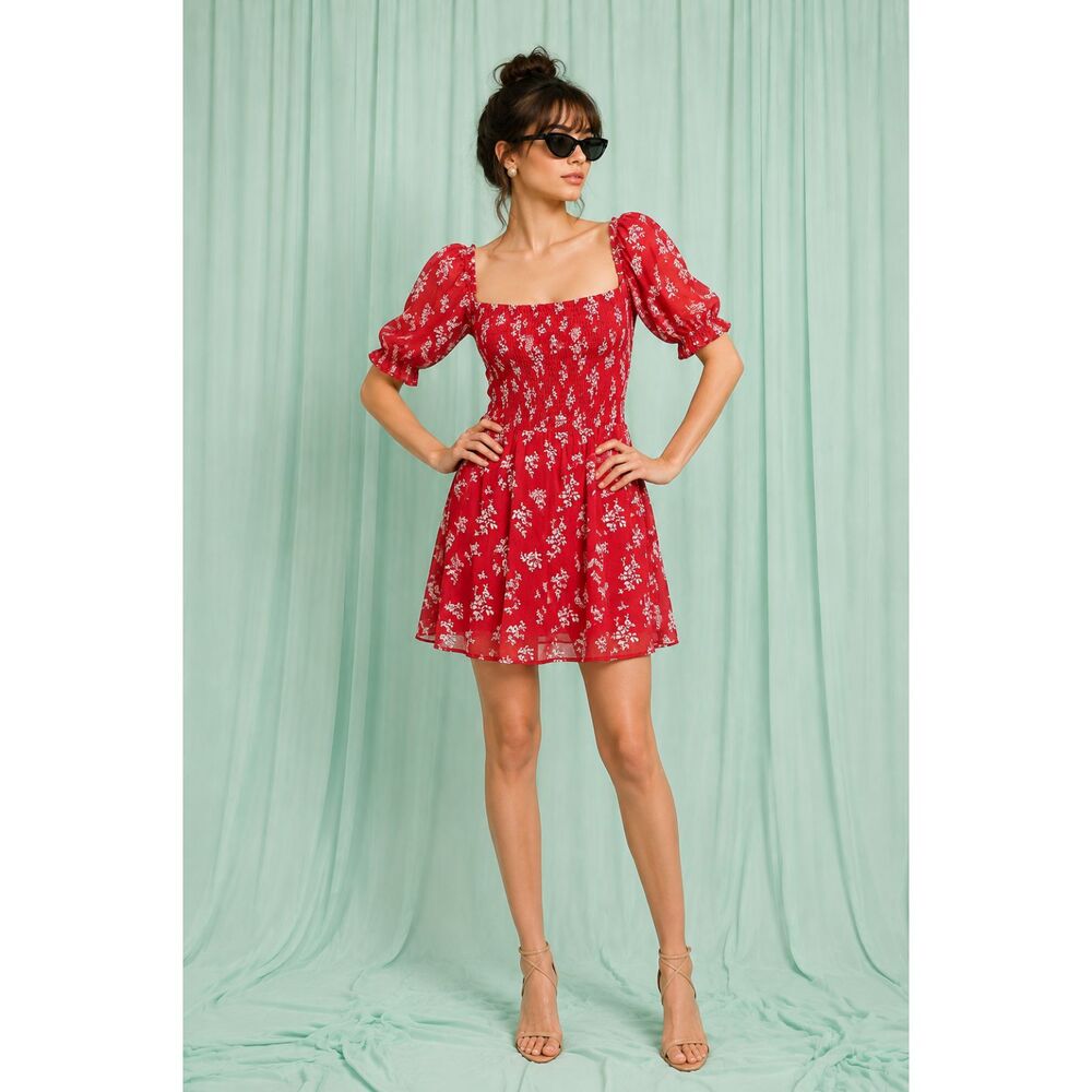 Reformation Elle Red Floral Smocked Square Neck Puff Sleeve Mini Dress. Sz 6